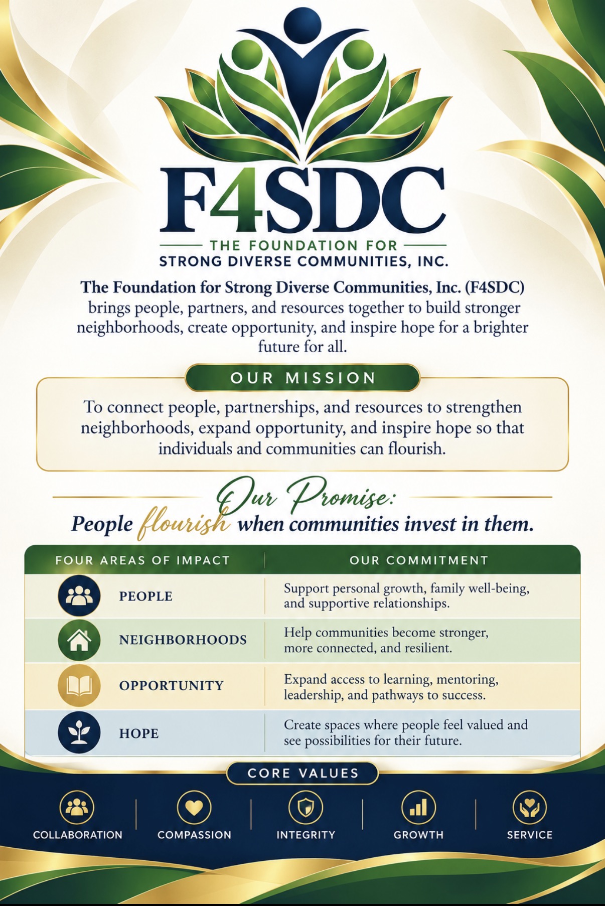 F4SDC — The Foundation for Strong Diverse Communities: mission, four areas of impact, and core values